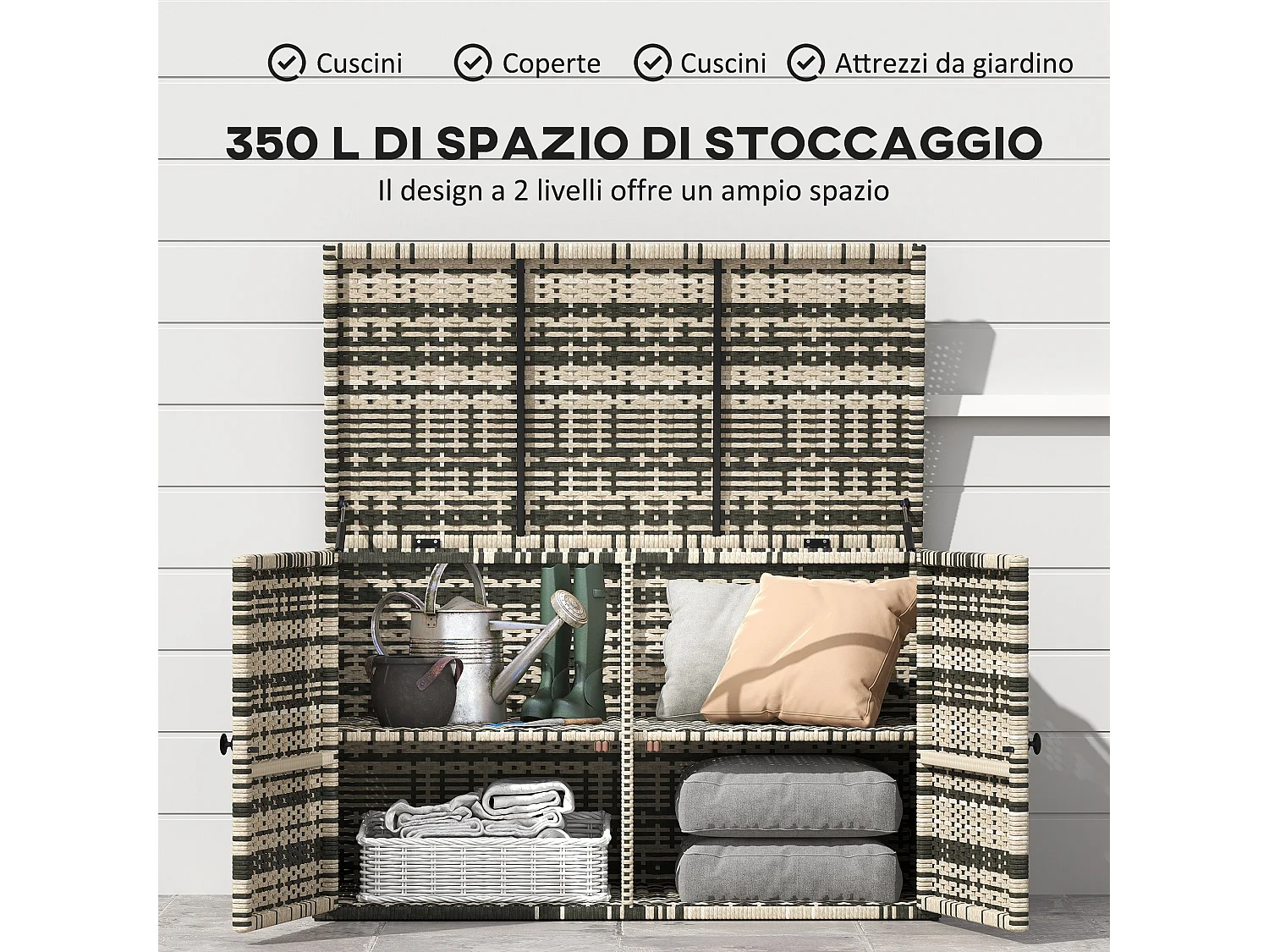 Baule da esterno da 350 litri in rattan pe e acciaio grigio