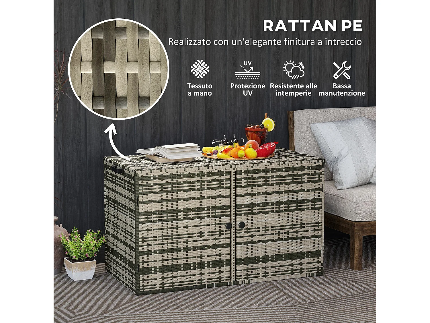 Baule da esterno da 350 litri in rattan pe e acciaio grigio