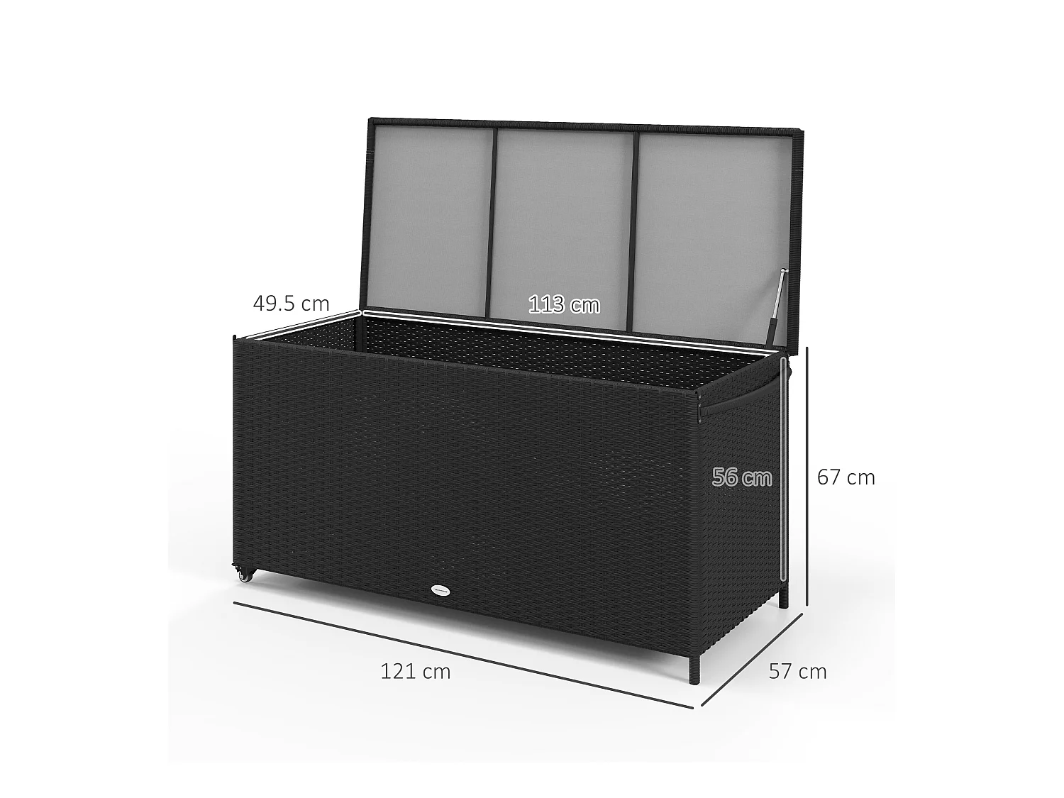 Baule da giardino con ruote e maniglia laterale in rattan pe nero