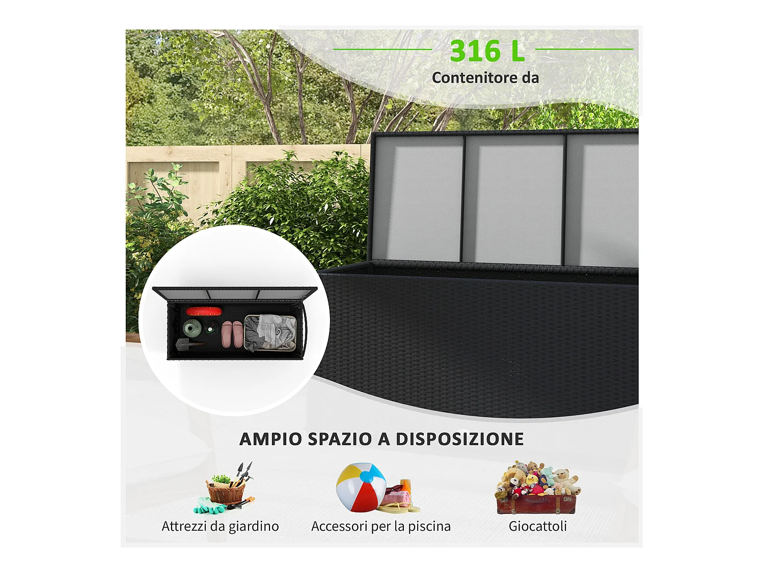 Baule da giardino con ruote e maniglia laterale in rattan pe nero