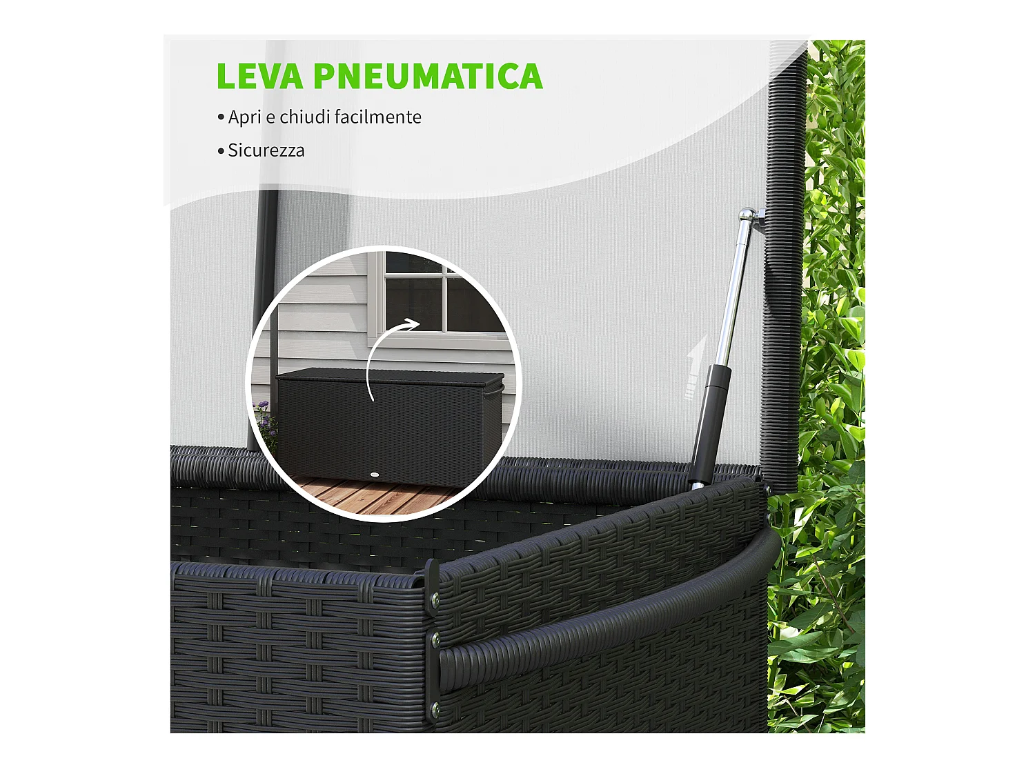 Baule da giardino con ruote e maniglia laterale in rattan pe nero