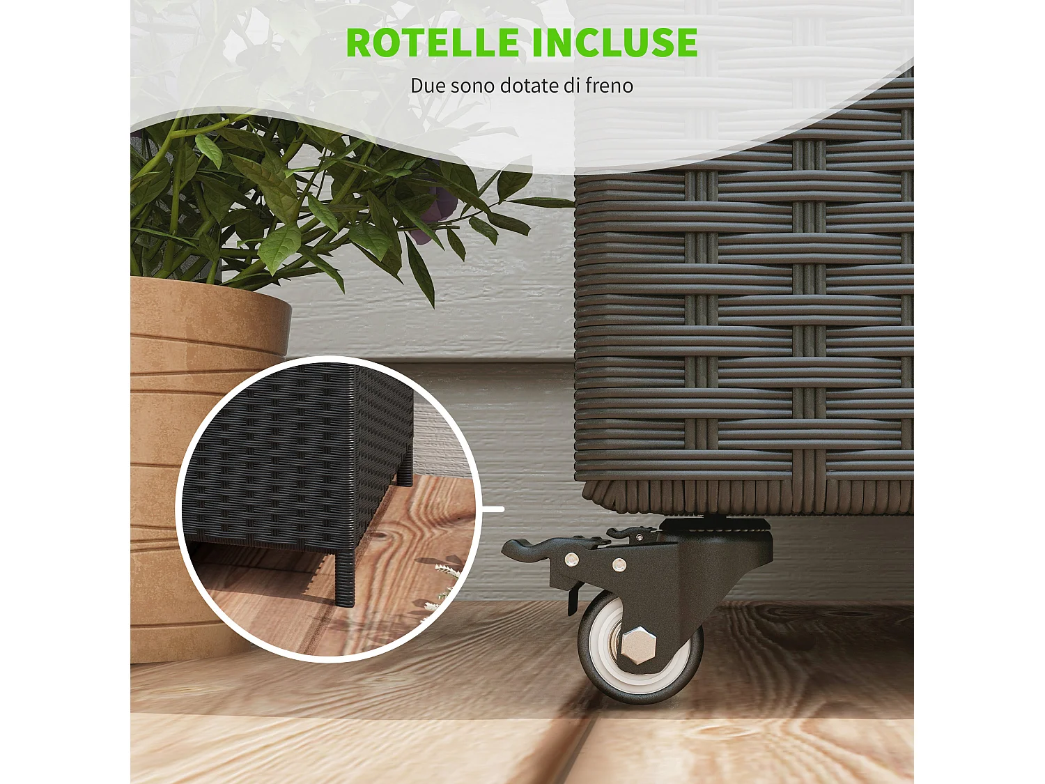 Baule da giardino con ruote e maniglia laterale in rattan pe nero