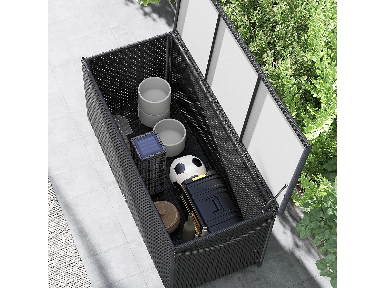 Baule da giardino con ruote e maniglia laterale in rattan pe nero