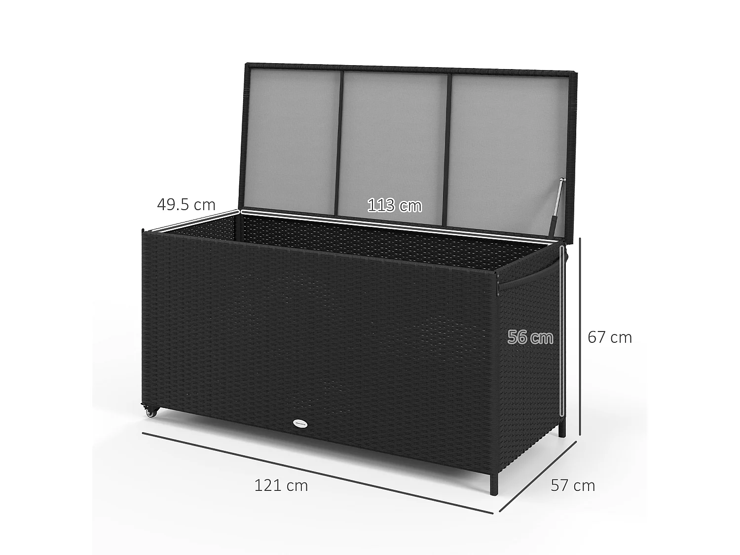 Baule da giardino con ruote e maniglia laterale in rattan pe nero