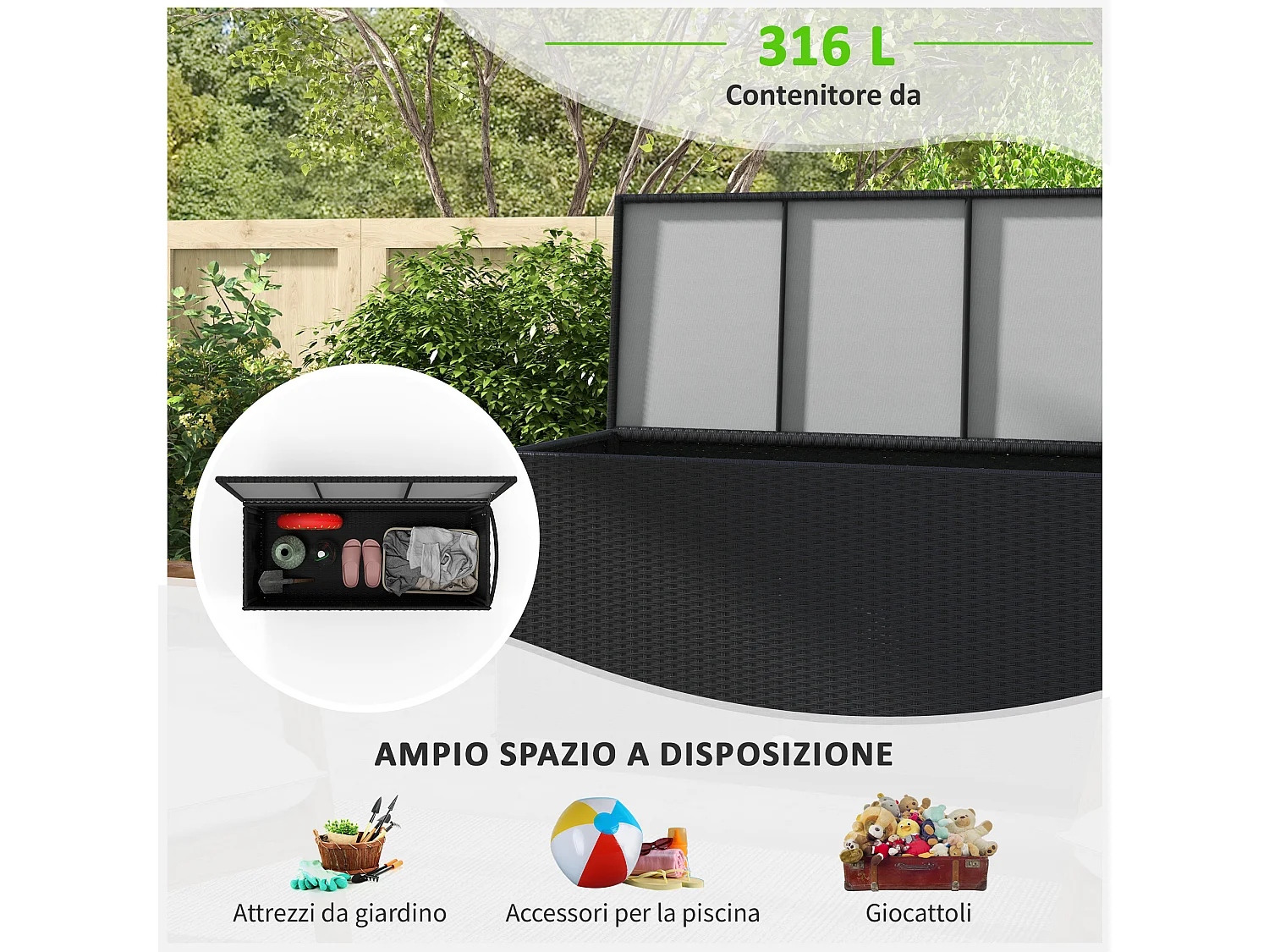 Baule da giardino con ruote e maniglia laterale in rattan pe nero