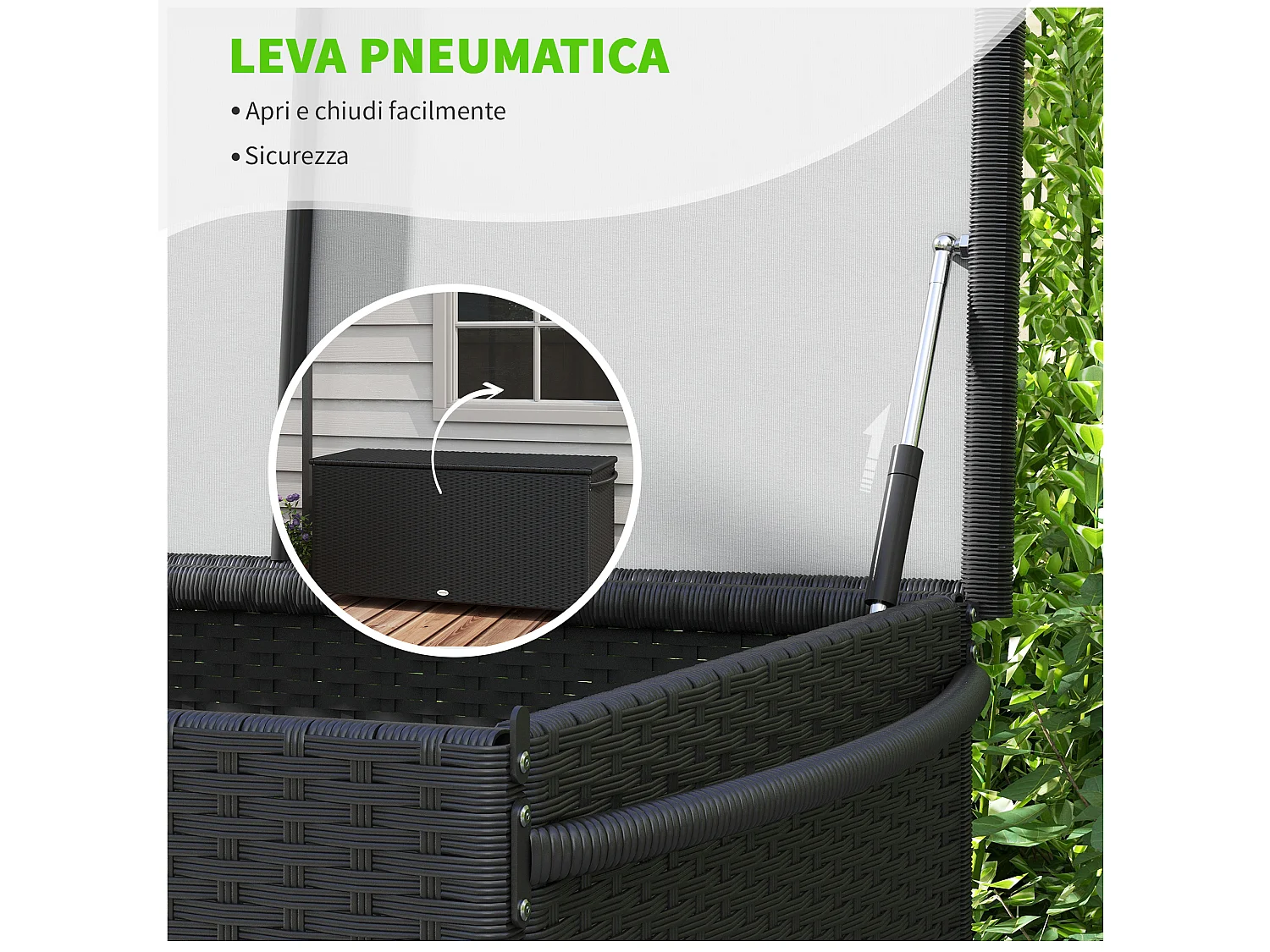 Baule da giardino con ruote e maniglia laterale in rattan pe nero