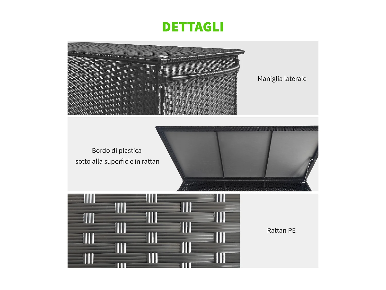 Baule da giardino con ruote e maniglia laterale in rattan pe nero