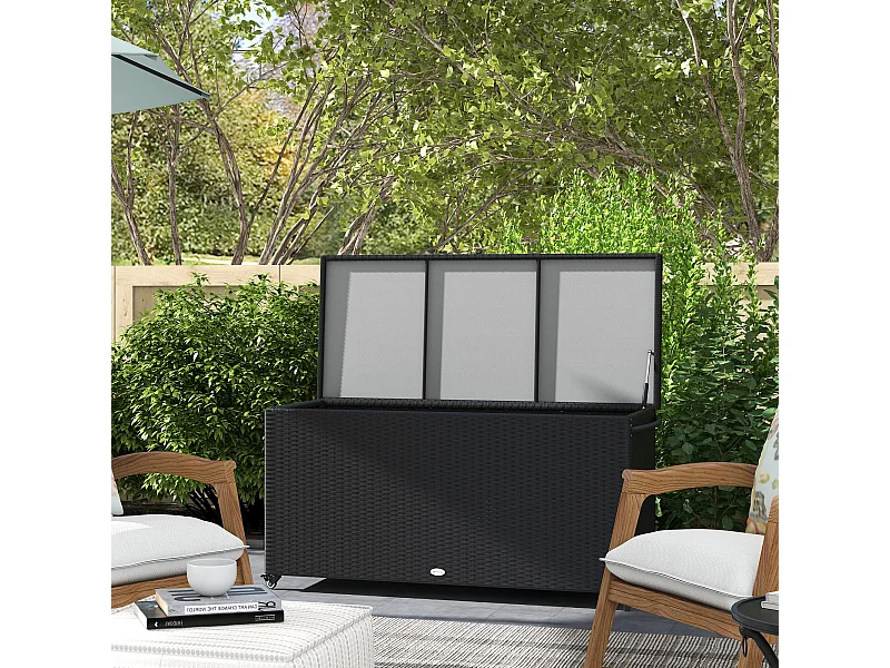 Baule da giardino con ruote e maniglia laterale in rattan pe nero