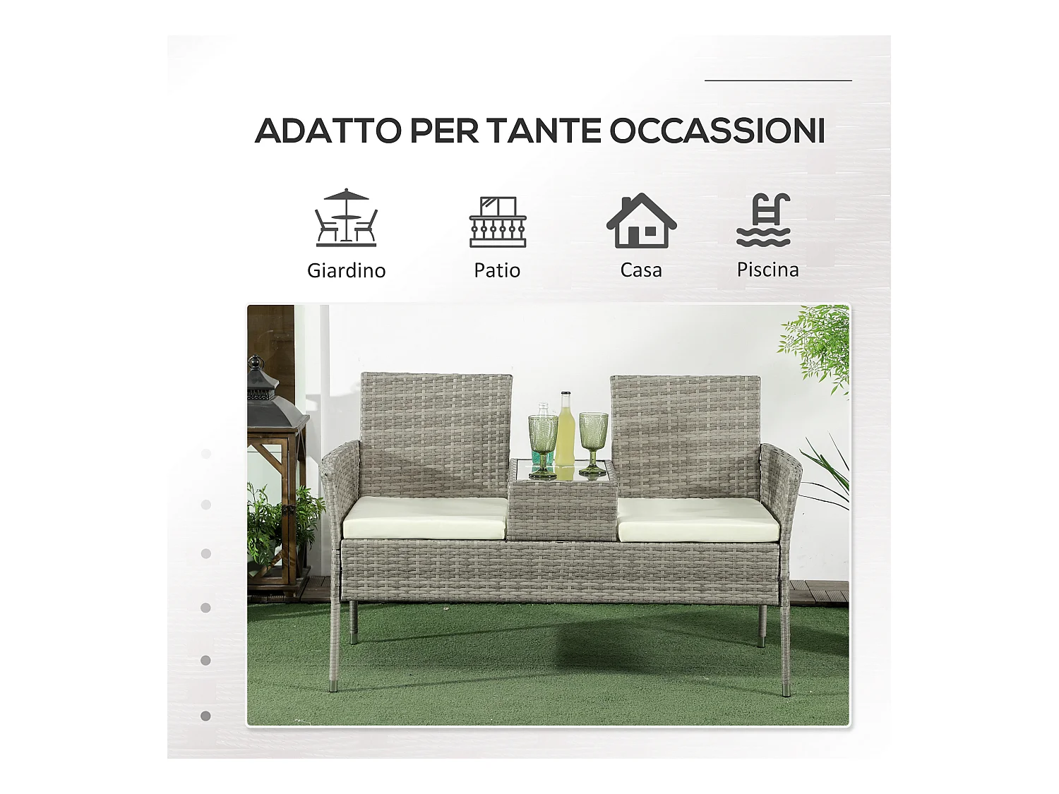 Divanetto per esterni 2 posti con tavolino da caffè centrale