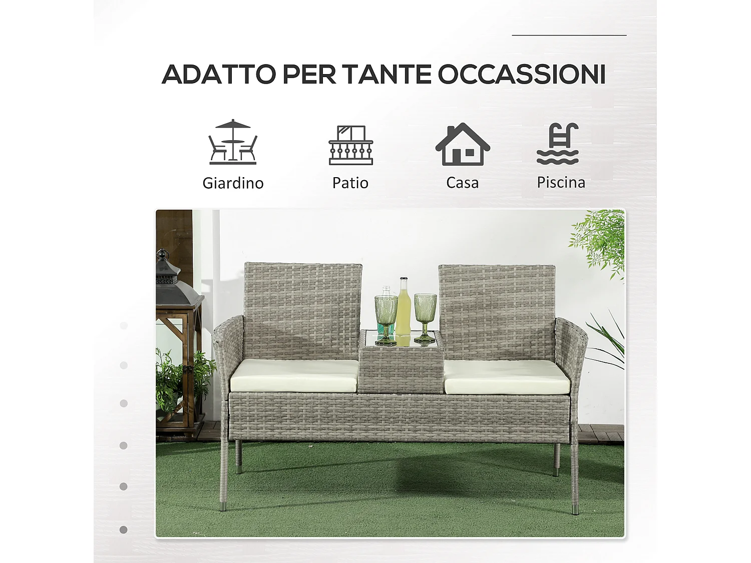 Divanetto per esterni 2 posti con tavolino da caffè centrale