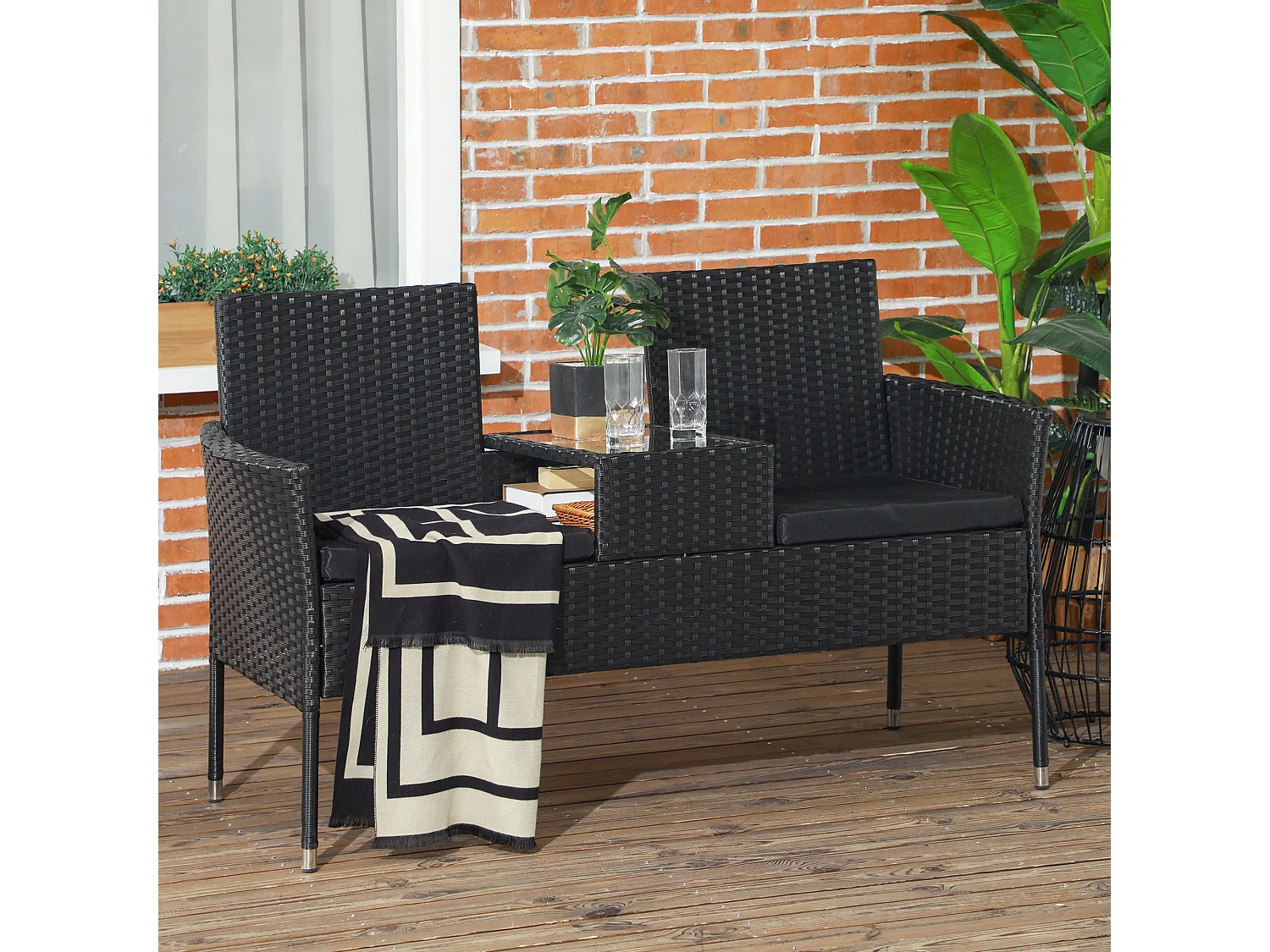 Divanetto per esterni 2 posti con tavolino da caffè centrale nero