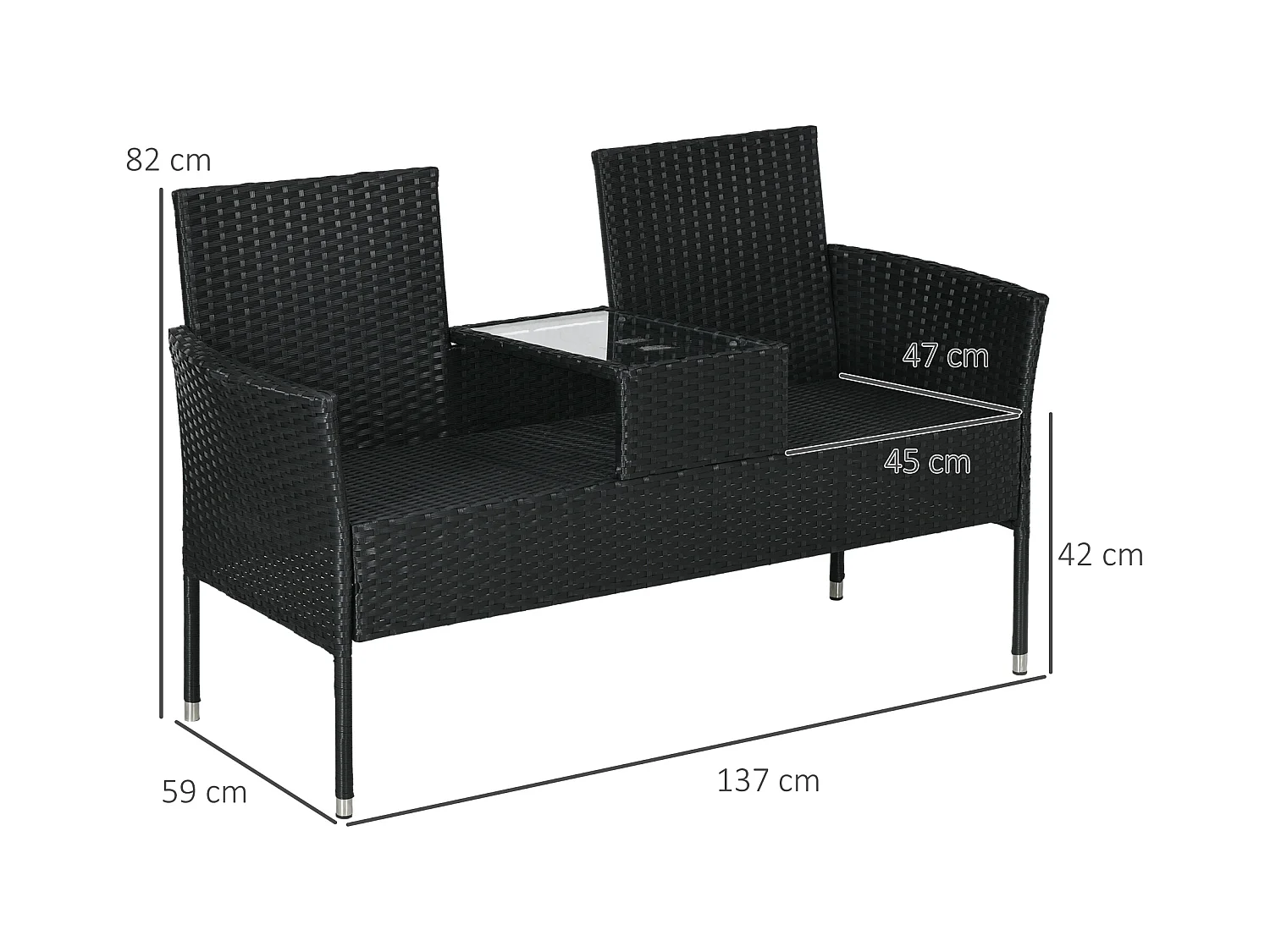 Divanetto per esterni 2 posti con tavolino da caffè centrale nero