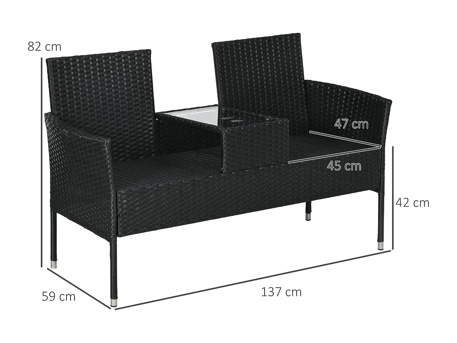 Divanetto per esterni 2 posti con tavolino da caffè centrale nero