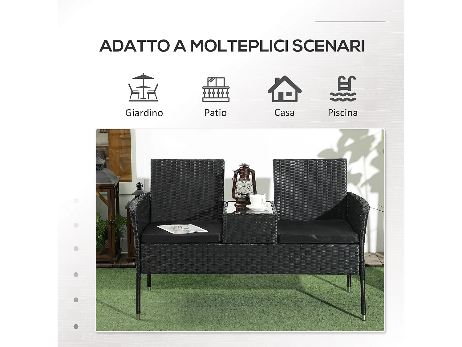 Divanetto per esterni 2 posti con tavolino da caffè centrale nero