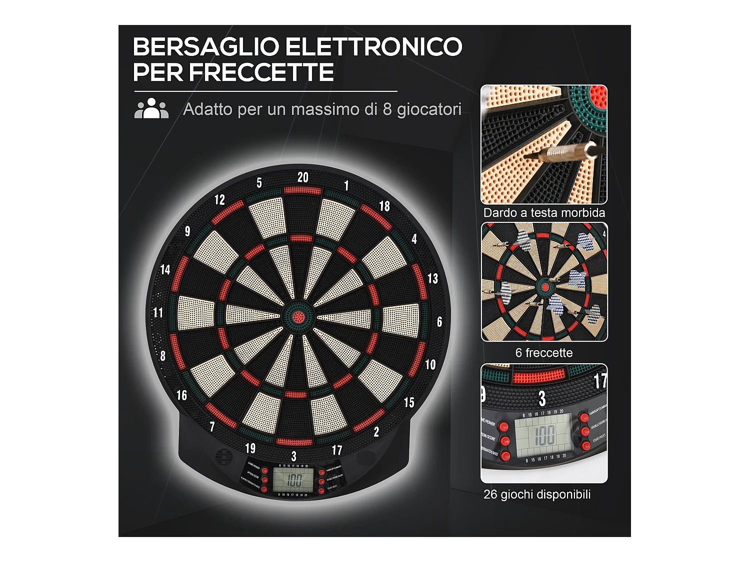 Bersaglio a freccette elettronico con 6 freccette nero