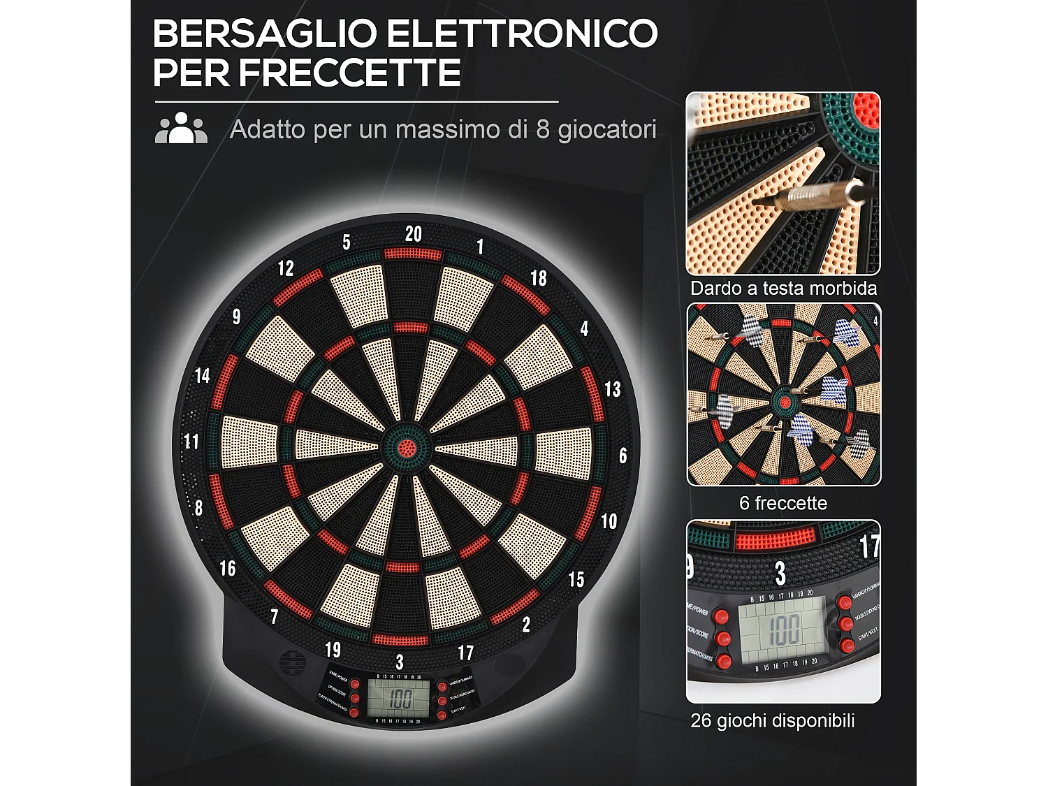 Bersaglio a freccette elettronico con 6 freccette nero