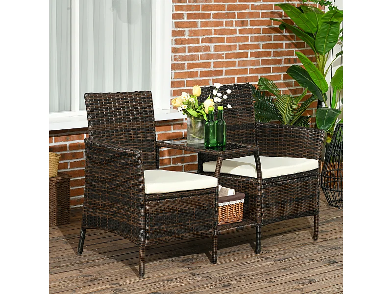 Set da giardino in rattan con 2 sedie e tavolino da caffè marrone