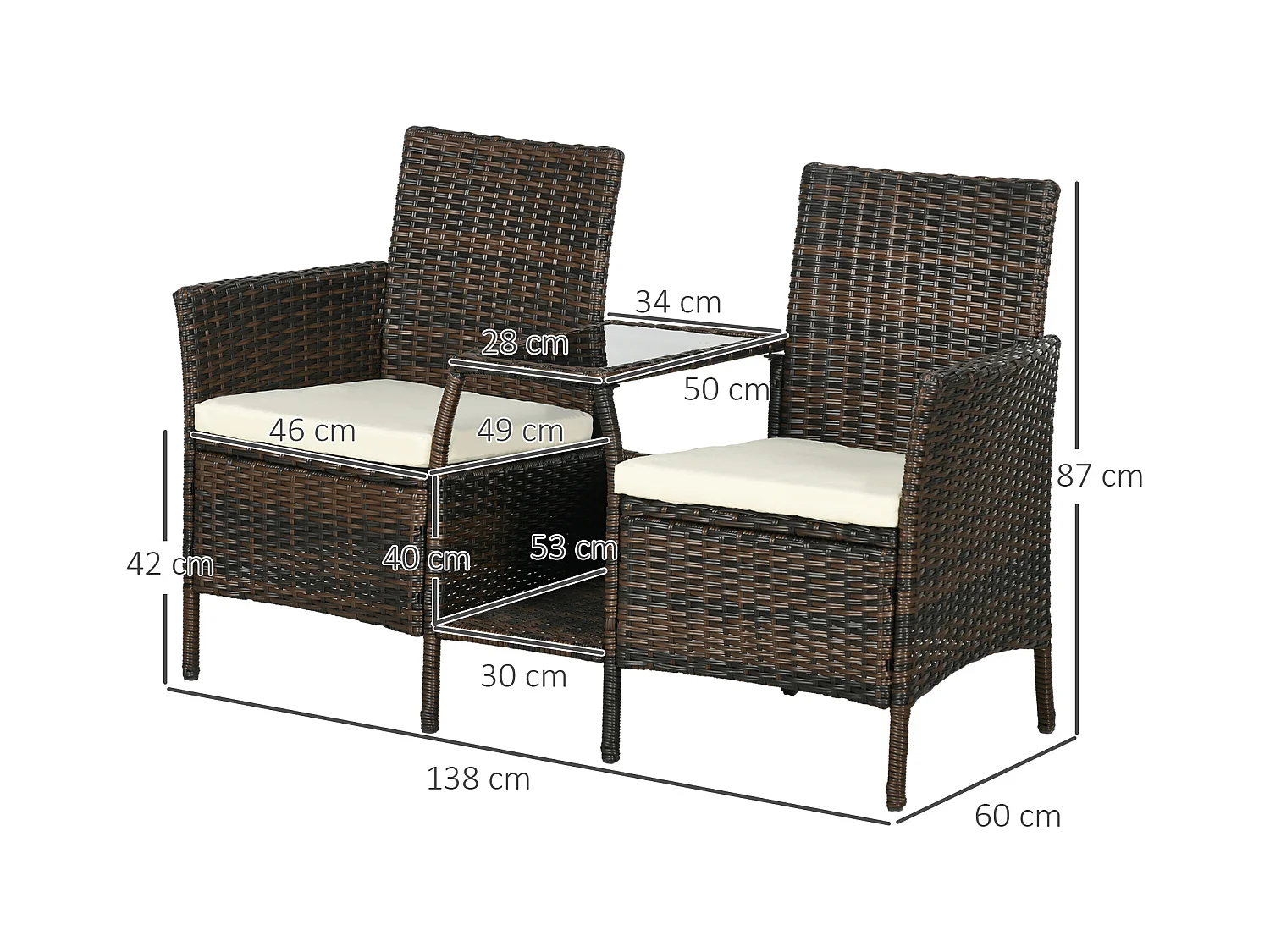 Set da giardino in rattan con 2 sedie e tavolino da caffè marrone