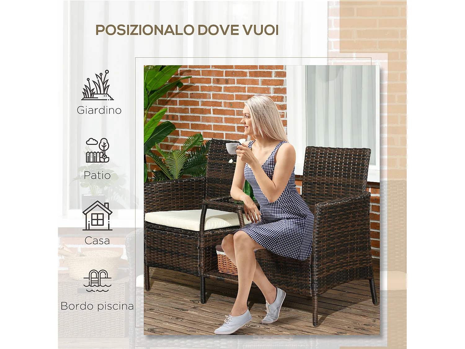 Set da giardino in rattan con 2 sedie e tavolino da caffè marrone