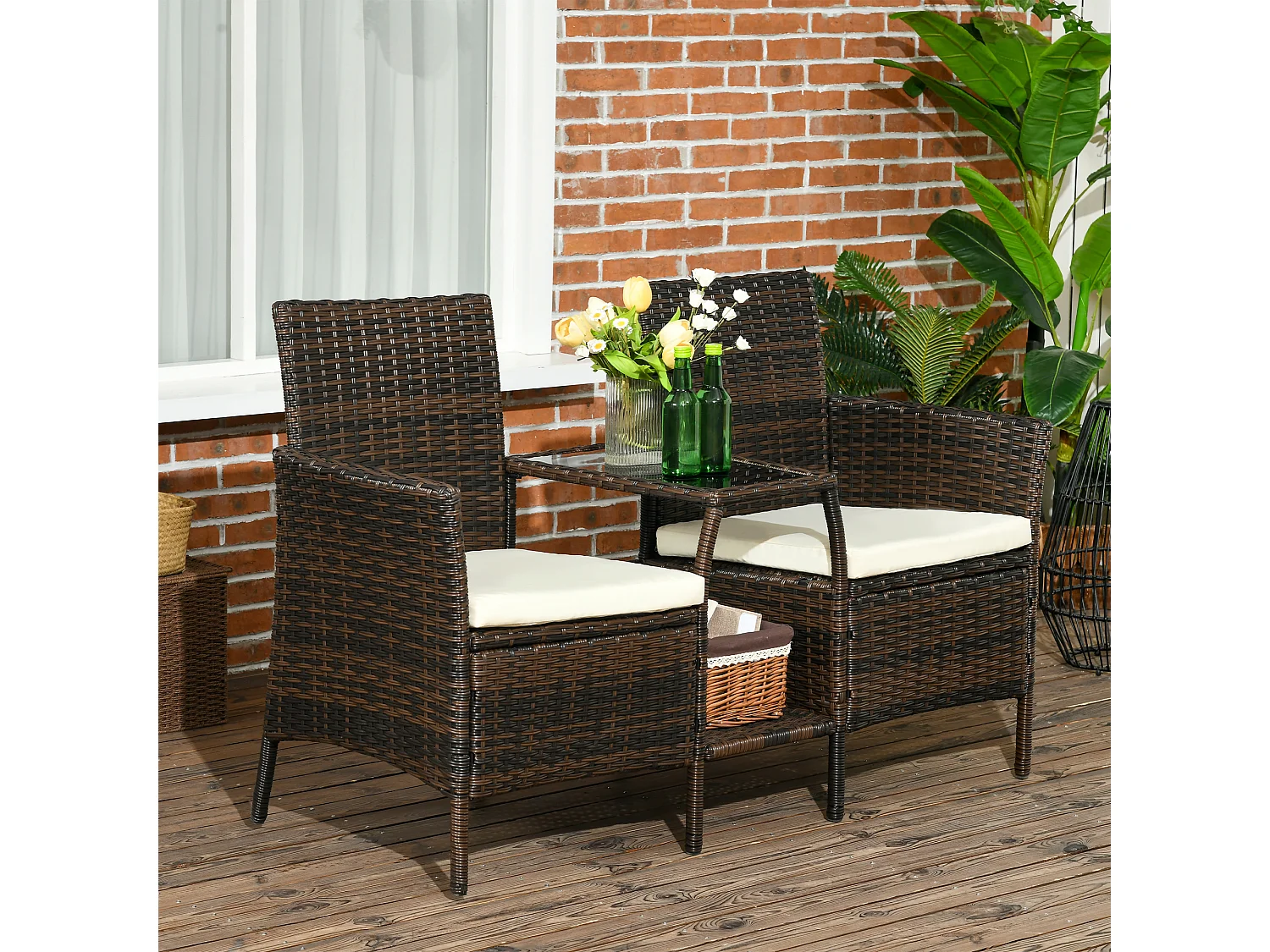 Set da giardino in rattan con 2 sedie e tavolino da caffè marrone