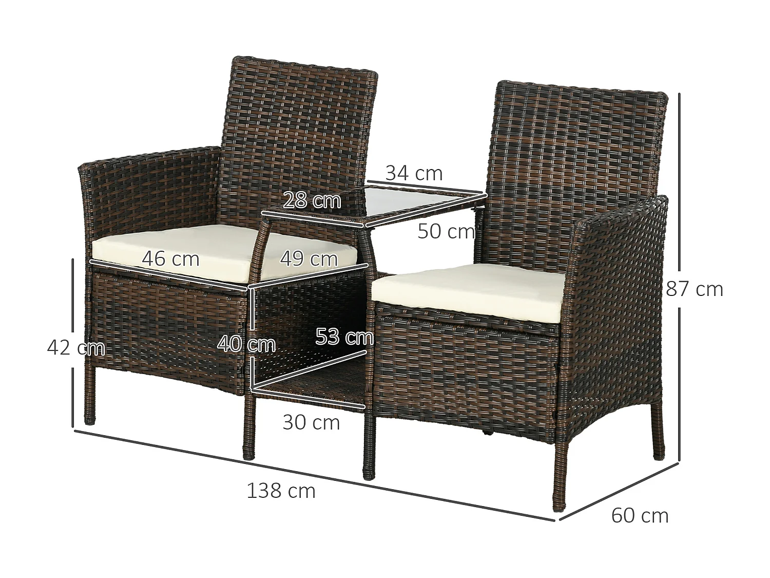 Set da giardino in rattan con 2 sedie e tavolino da caffè marrone