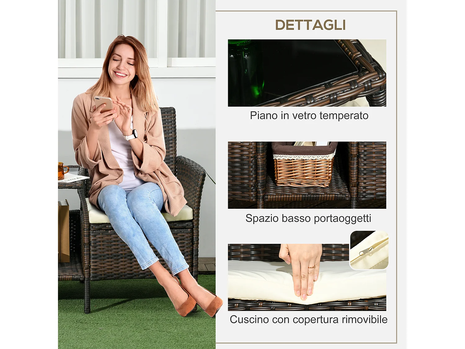 Set da giardino in rattan con 2 sedie e tavolino da caffè marrone