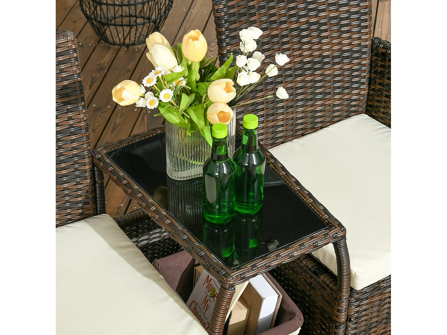 Set da giardino in rattan con 2 sedie e tavolino da caffè marrone