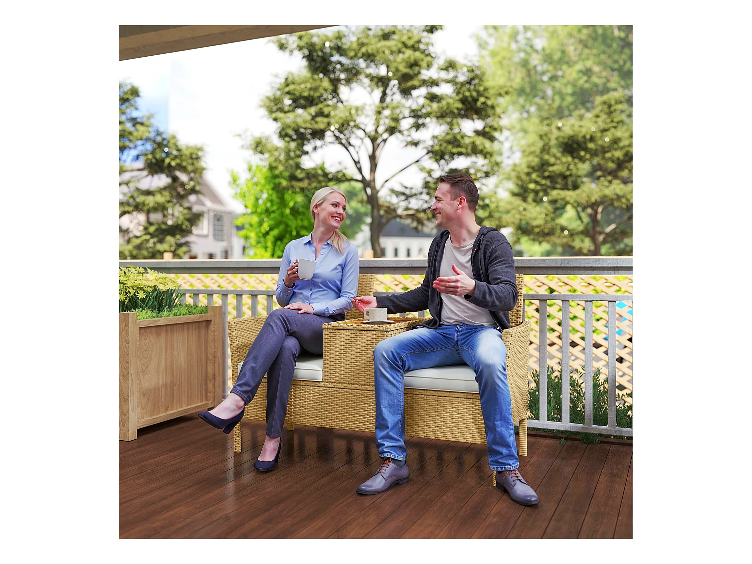 Panca da giardino con tavolino a ribalta portaoggetti crema e cachi