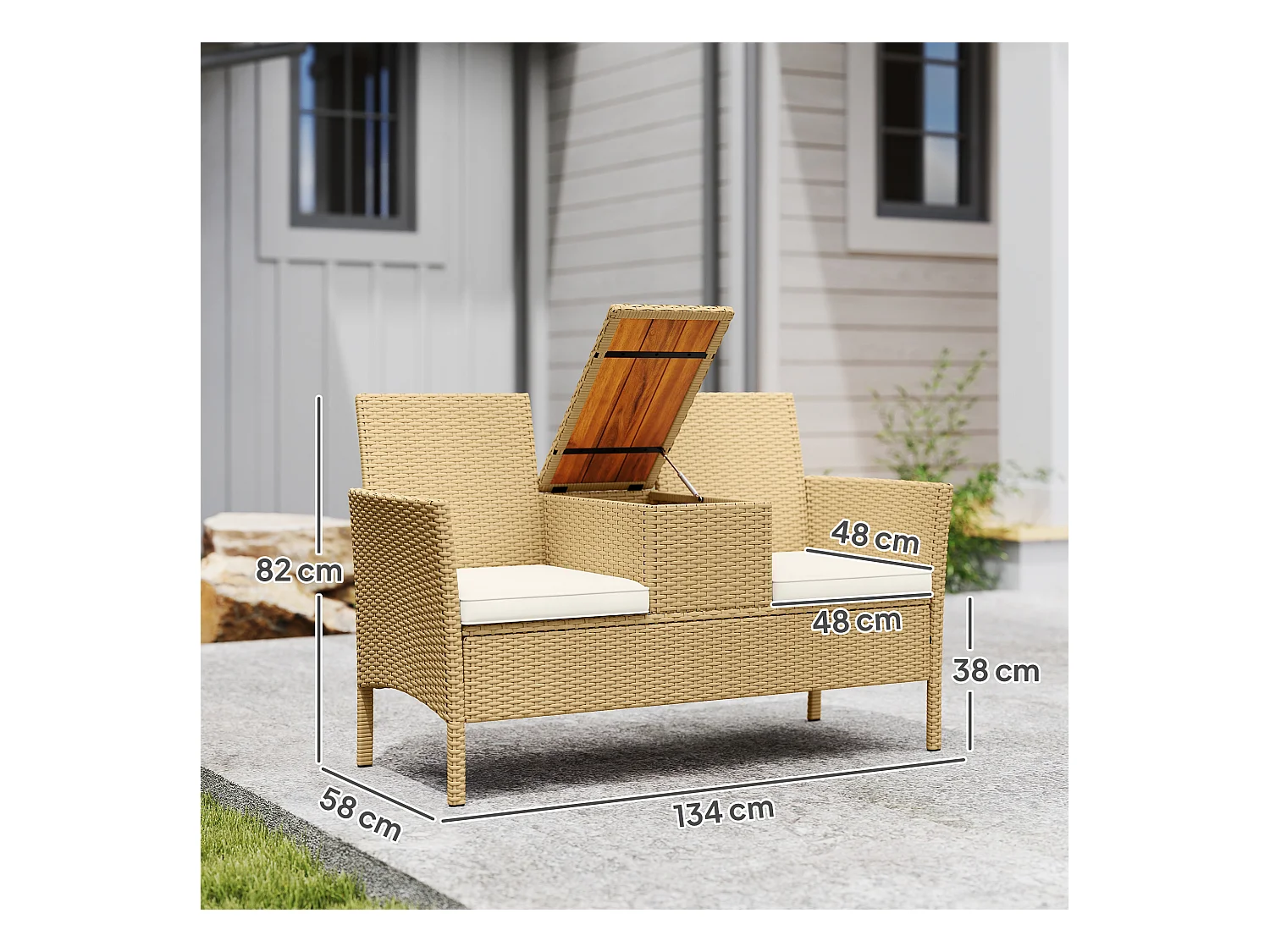 Panca da giardino con tavolino a ribalta portaoggetti crema e cachi