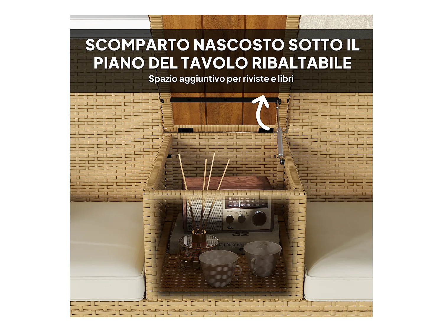 Panca da giardino con tavolino a ribalta portaoggetti crema e cachi