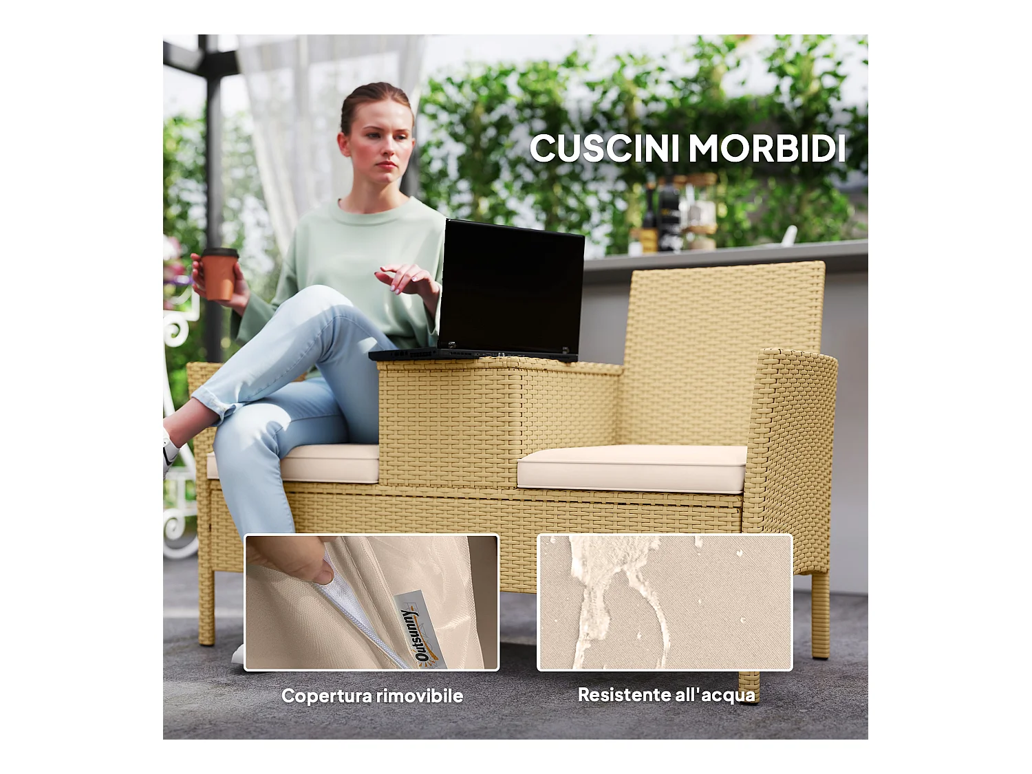 Panca da giardino con tavolino a ribalta portaoggetti crema e cachi