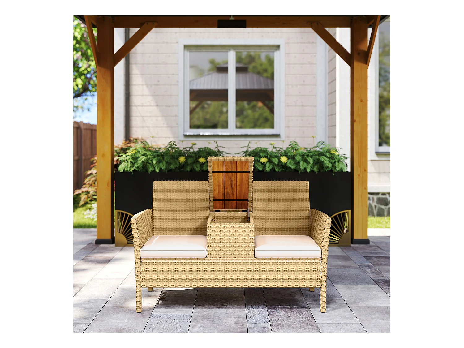 Panca da giardino con tavolino a ribalta portaoggetti crema e cachi