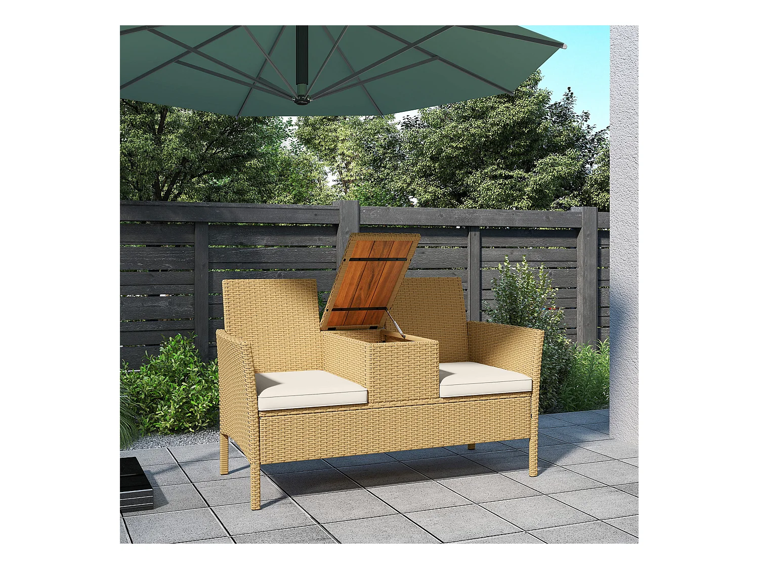 Panca da giardino con tavolino a ribalta portaoggetti crema e cachi