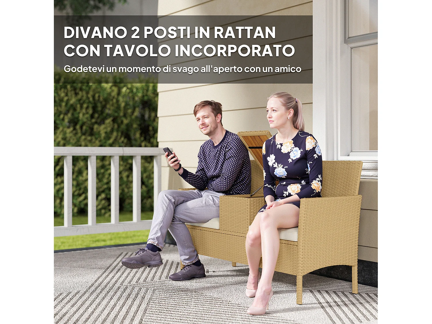 Panca da giardino con tavolino a ribalta portaoggetti crema e cachi