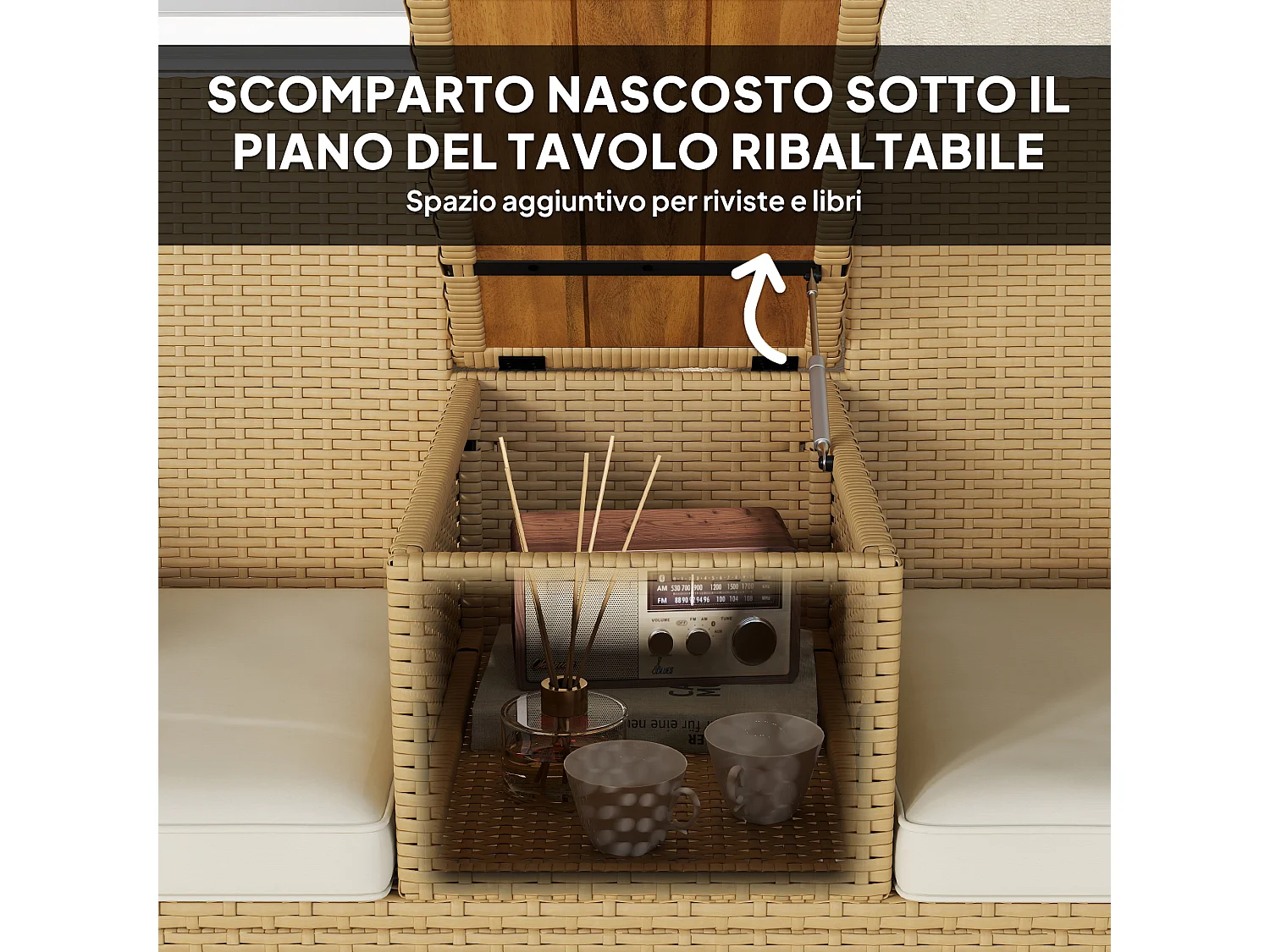 Panca da giardino con tavolino a ribalta portaoggetti crema e cachi