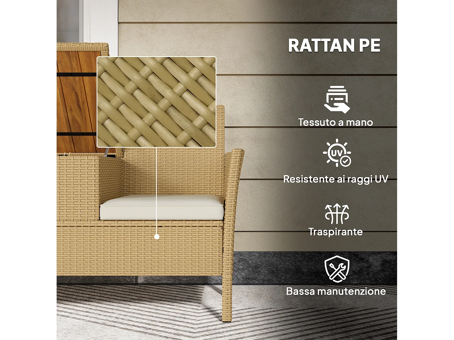 Panca da giardino con tavolino a ribalta portaoggetti crema e cachi