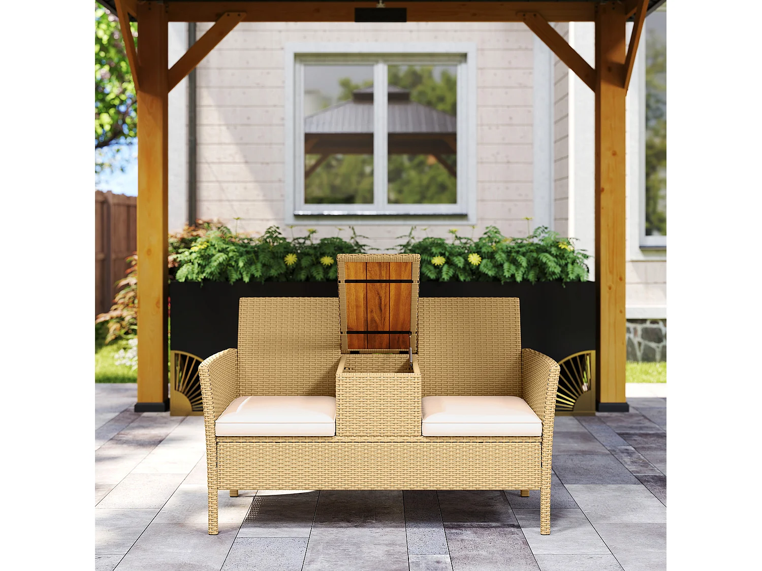 Panca da giardino con tavolino a ribalta portaoggetti crema e cachi