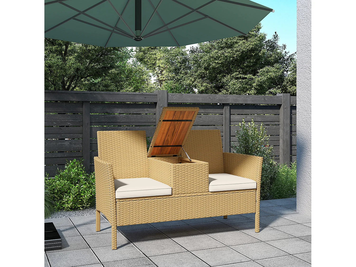 Panca da giardino con tavolino a ribalta portaoggetti crema e cachi