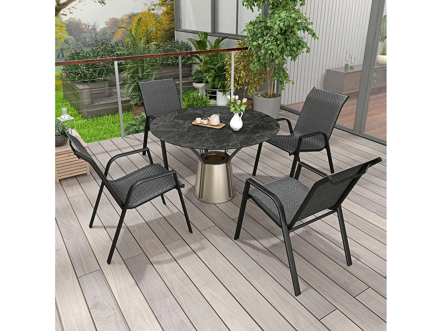 Set 4 sedie da giardino impilabili con braccioli e seduta in rattan pe