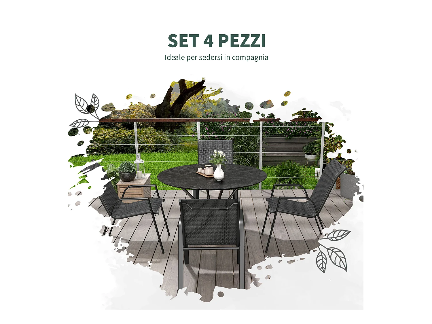 Set 4 sedie da giardino impilabili con braccioli e seduta in rattan pe