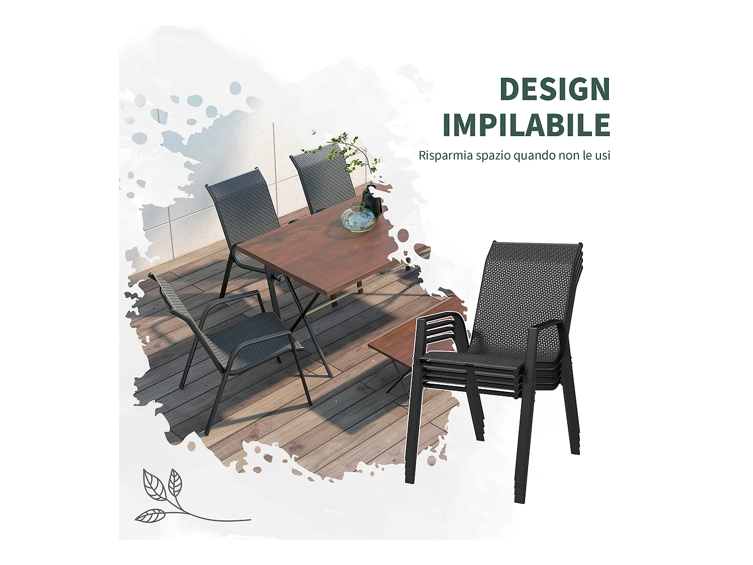 Set 4 sedie da giardino impilabili con braccioli e seduta in rattan pe