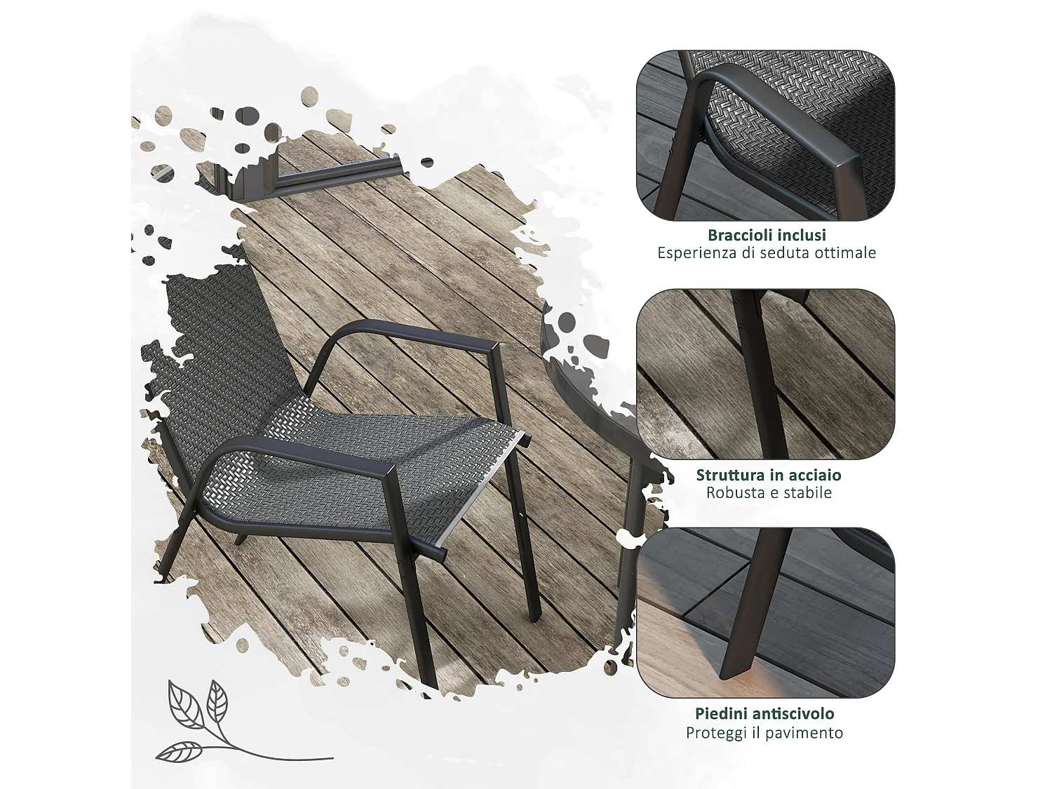 Set 4 sedie da giardino impilabili con braccioli e seduta in rattan pe