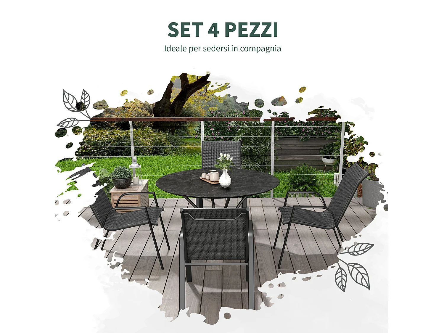 Set 4 sedie da giardino impilabili con braccioli e seduta in rattan pe