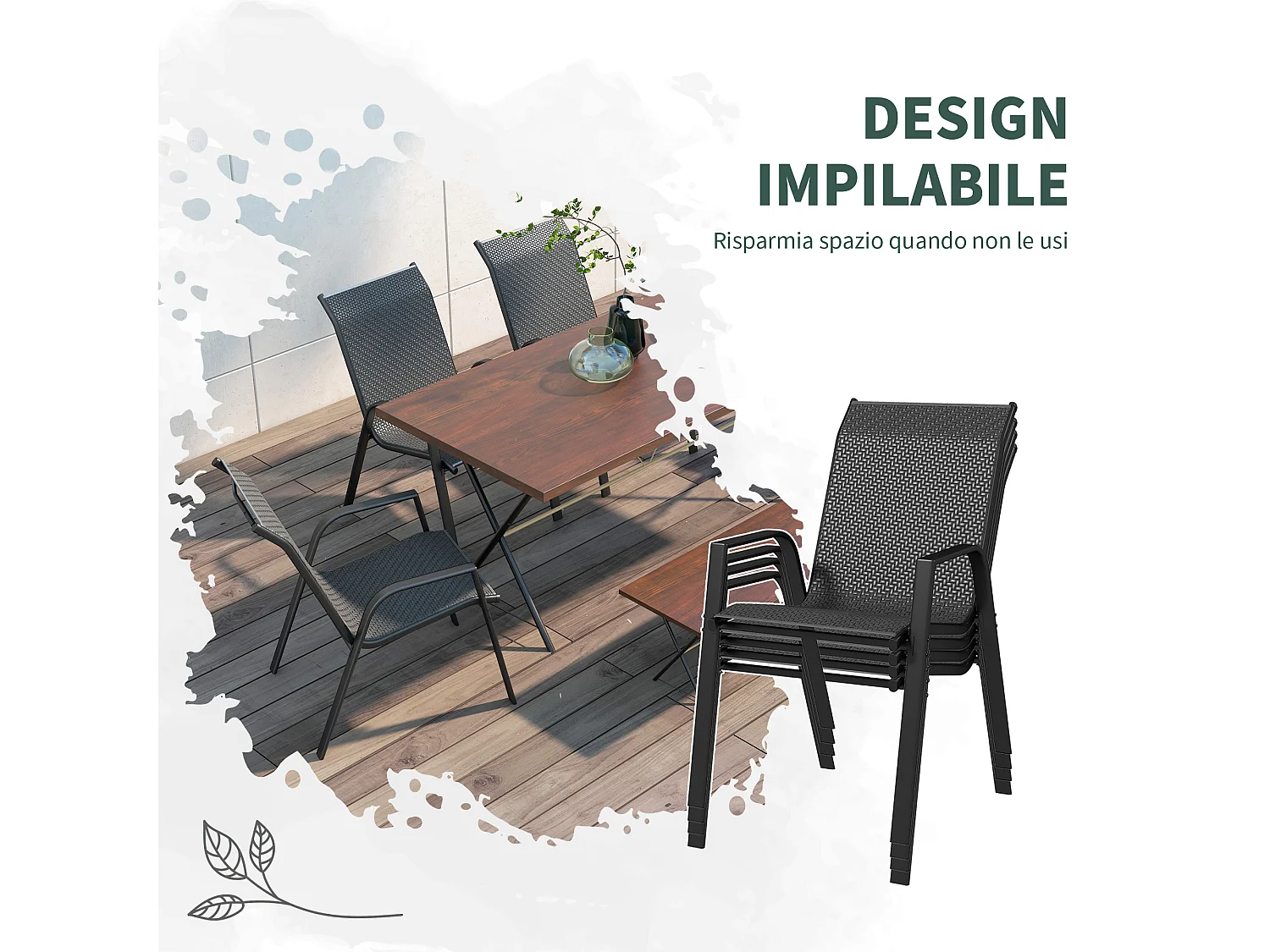 Set 4 sedie da giardino impilabili con braccioli e seduta in rattan pe