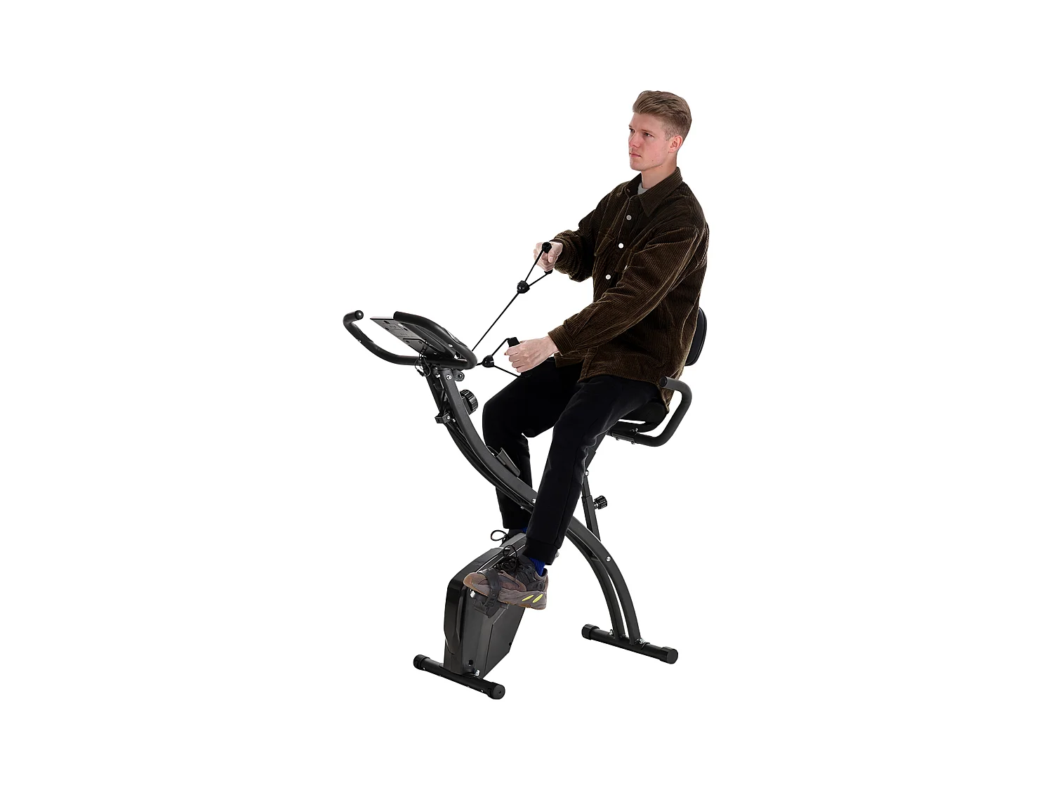 Cyclette pieghevole professionale in acciaio nero con bande elastiche