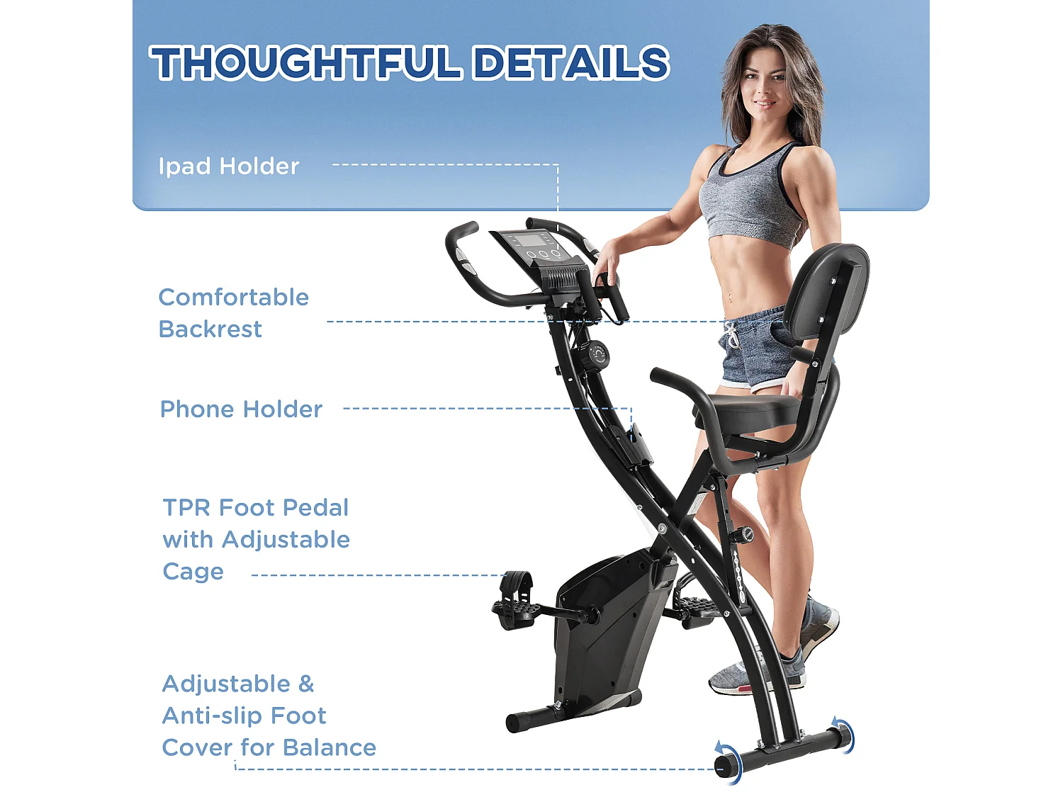 Cyclette pieghevole professionale in acciaio nero con bande elastiche