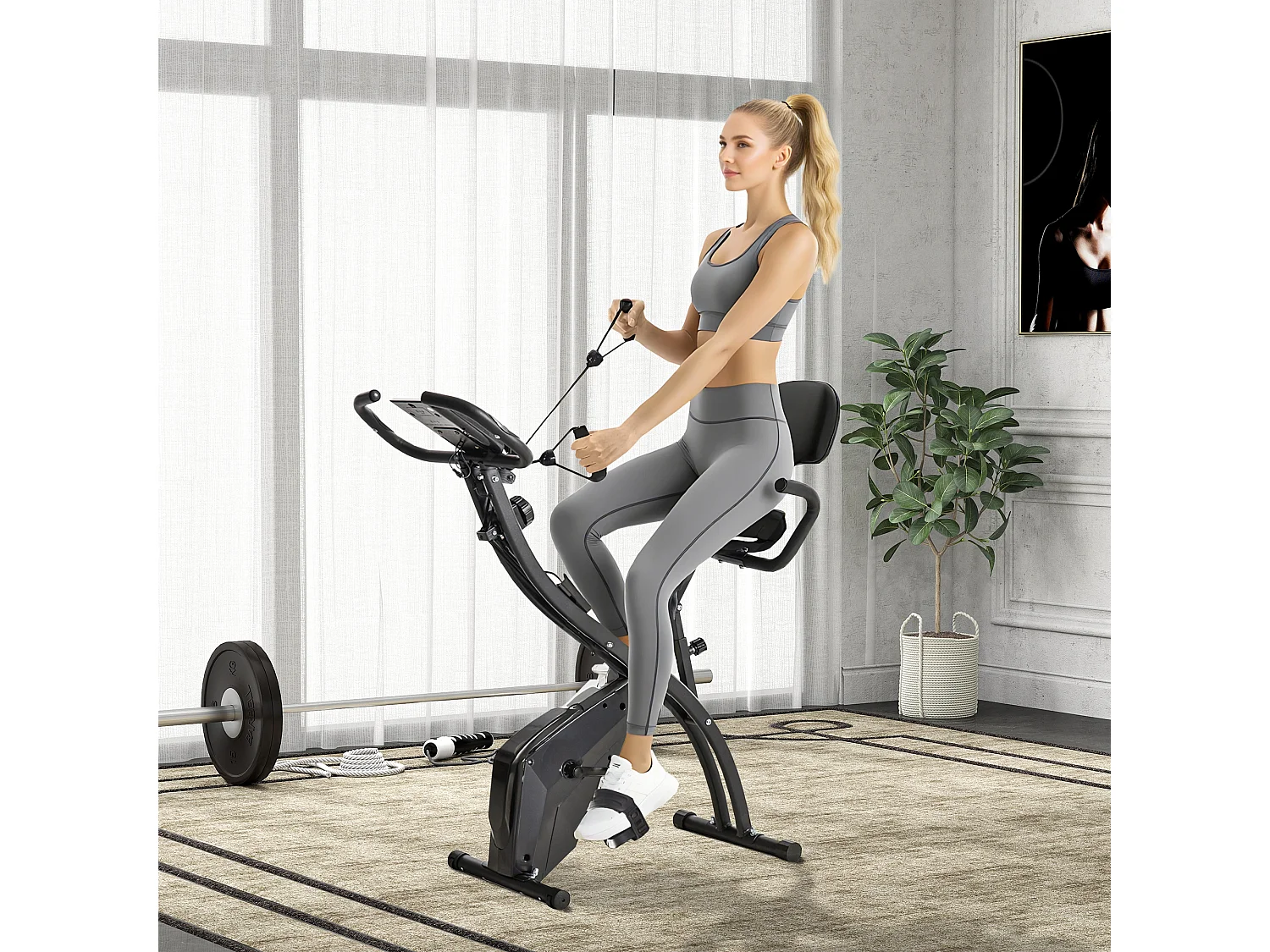 Cyclette pieghevole professionale in acciaio nero con bande elastiche