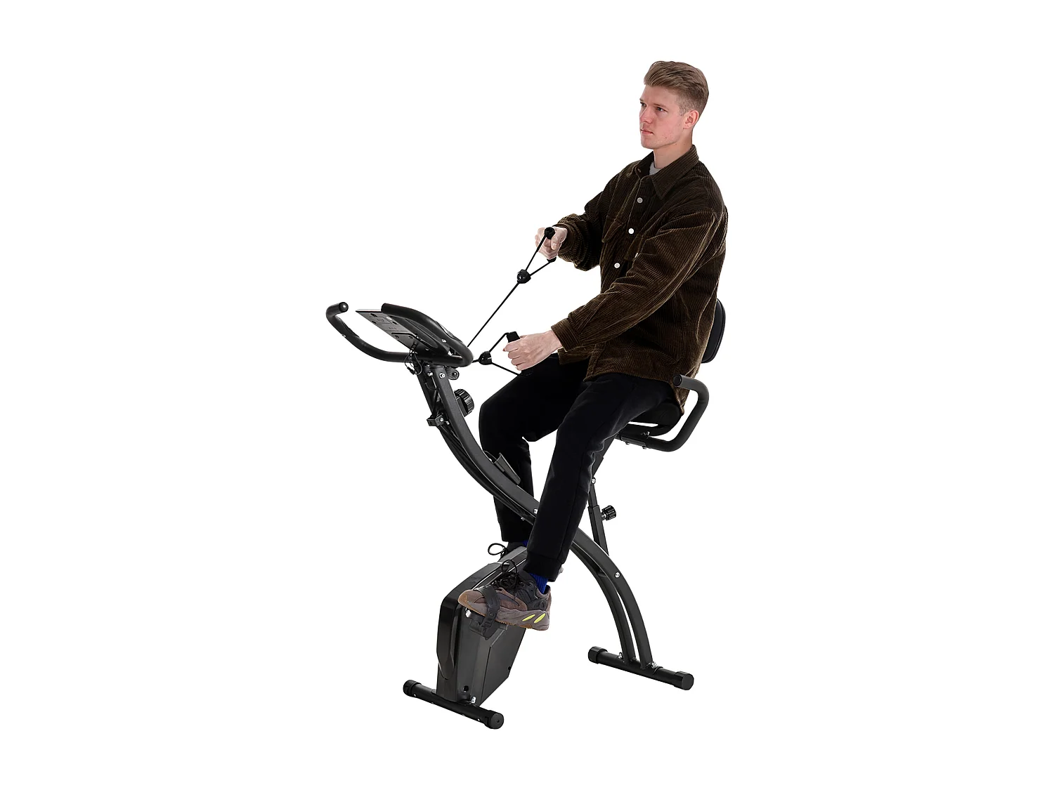 Cyclette pieghevole professionale in acciaio nero con bande elastiche