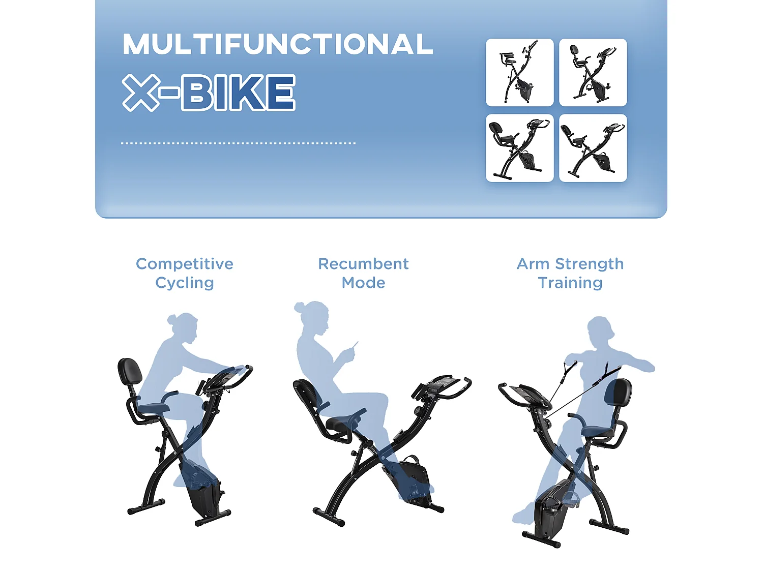 Cyclette pieghevole professionale in acciaio nero con bande elastiche