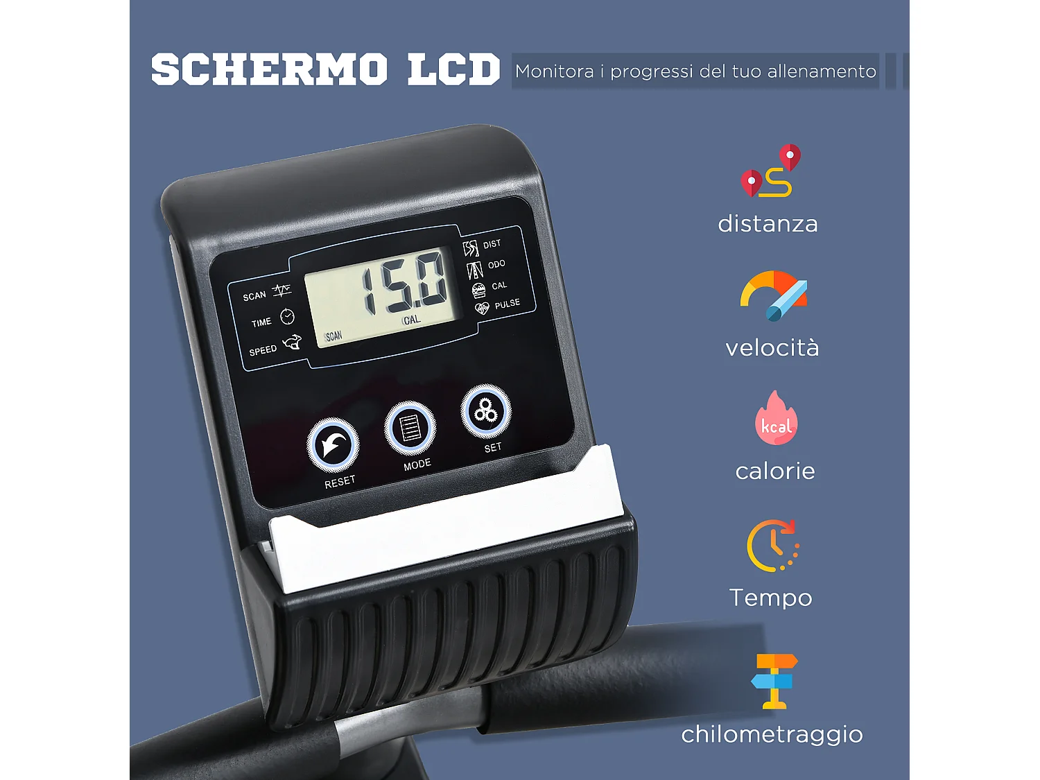 Cyclette orizzontale con seduta regolabile 8 resistenze e monitor lcd